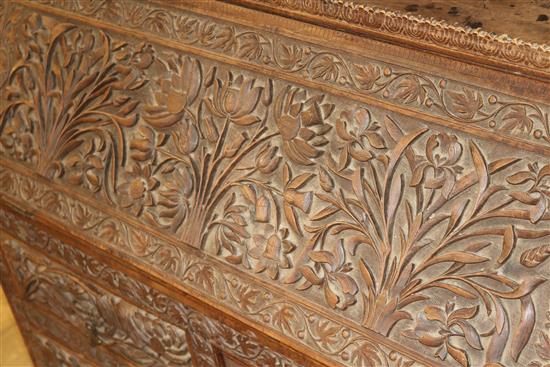 An Anglo Indian foliate carved camphorwood bureau, c.1900, W.92cm